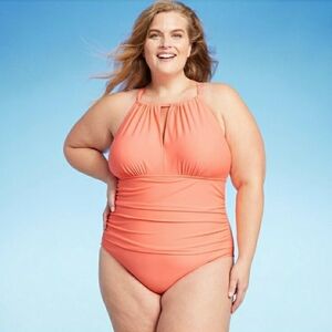 Kona Sol Full Coverage Tummy Control High Neck Halter Swimsuit. Size: 14